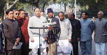 An all-party delegation led by O. Ibobi. Singh of Manipur talking to the media