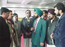The president of the Punjab unit of the All-India Anti-Terrorist Front, Mr Balwinder Singh, interacts with office-bearers, at a meeting