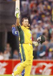 Ricky Ponting of Australia waves to the crowd after reaching his century