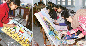 Students take part in cartoon and portrait-making competition organised as part of the diamond jubilee celebrations of the Old Students Association of Government College for Women