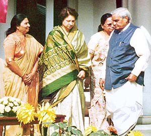 Prime Minister Atal Behari Vajpayee with BJP Mahila Morcha activists at his residence 