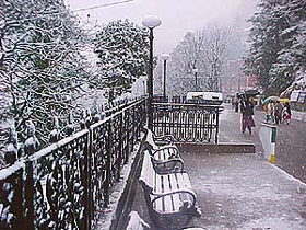 Tourists walk during a snowfall in Shimla on Thursday. 