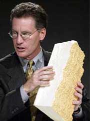 NASA space shuttle programme manager Ron Dittemore holds a piece of insulation foam 