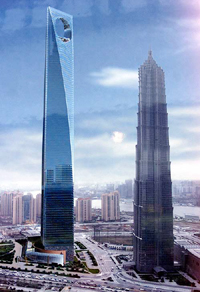A rendering of the revised plan of the Shanghai World Financial Center building is shown next to China's tallest building