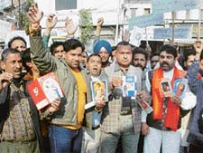 Activists of the district unit of the Shiv Sena protest against Valentines Day celebrations
