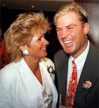 Australian cricket player Shane Warne shares a light moment with his mother Brijitte in Melbourne