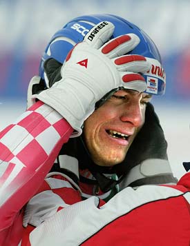 Ivica Kostelic of Croatia reacts after winning the men's Slalom event at the World Alpine Skiing Championships 
