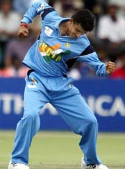 India's Saurav Ganguly celebrates after dismissing Zimbabwe's Andy Blignaut 