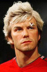 A wax figure of Manchester United midfielder David Beckham appears with a cut above his left eyebrow 