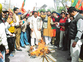 BJYM workers burn an effigy of the Chief Minister,Capt Amarinder Singh, in protest against the alleged immoral activities