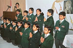 Children perform at the Mother’s 125th birth anniversary function, in Sri Aurbindo Bhavan, Sector 27