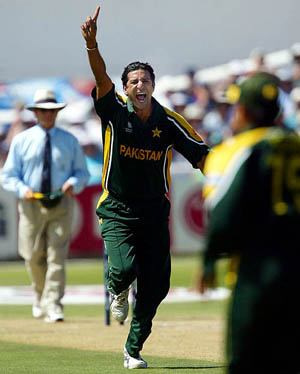 Wasim Akram celebrates after dismissing  England's Marcus Trescothick