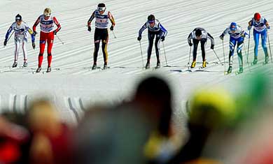 Germnay's Manuela Henkel leads the pack in the Women's Cross Country 4x5km Relay 