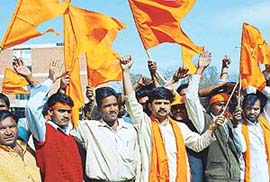Shiv Sena activists march towards the Punjab Raj Bhavan to submit a memorandum of their demands to the Governor 