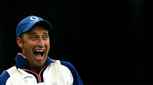 England captain Nasser Hussain laughs during a training session