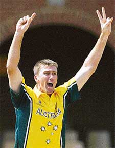 Australias Glenn McGrath celebrates the wicket of Namibias Bryan Mergatroyd