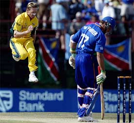 Australia's Andy Bichel jumps in the air after dismissing Namibia's Rudolph Janse Van Vuuren