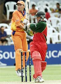 Zimbabwe's Andy Flower pulls the ball 