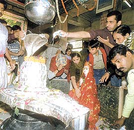 Devotees offering milk in a temple on the occasion of "Mahashivratri" in the Capital
