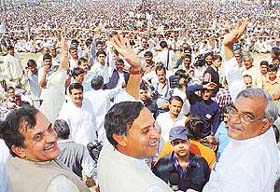 Congress leaders Bhupinder Singh Hooda, Rao Inderjit and Virender Singh at the adhikar rally held at Jhajjar on Sunday