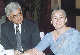 IN FULL CRY: DPS Society president Salman Khurshid and socialite Nafisa Ali.