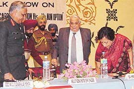 Lieut-Gen J.F.R. Jacob, with GOC-in-C, Western Command, Gen S.S. Mehta, and Ms Ranjana Malik (wife of former Army chief, Gen V.P. Malik) at a talk show on Choosing Army as a career held at Chandigarh on Monday
