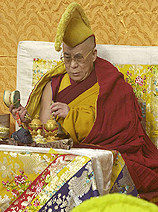 The Tibetan Buddhist leader Dalai Lama offers morning prayer