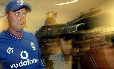 England's Nasser Hussain arrives at a Press conference 