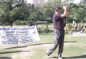 Former Jammu and Kashmir Chief Minister Farooq Abdullah teeing off the HelpAge India Silver Swingers