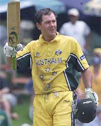 Ricky Pointing celebrates his century during Australias Super Sixes match against Sri Lanka 
