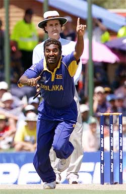 Sri Lanka's Muttiah Muralitaran celebrates after dismissing Australias Matthew Hayden