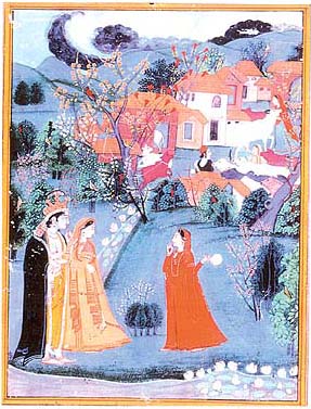 Radha and Krishna on the river bank, Pahari, early 19th century