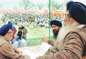 The SAD chief, Mr Parkash Singh Badal, at a rally organised to celebrate the 359th birth anniversary of Bhai Mani Singh