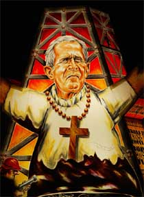 A lantern bears an illustration of US President George W. Bush as the Messiah standing waist-deep in oil