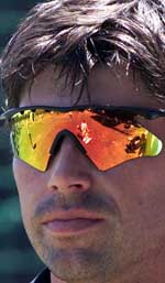 New Zealand's captain Stephen Fleming watches the team during a practice session 