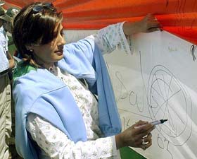 Bollywood star Raveena Tandon signs a message on a large Indian tri-colour