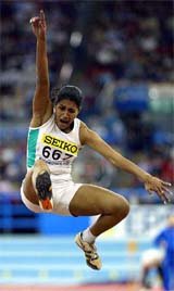 India's Anju Bobby George competes in the finals of the Women's long jump event at the World Indoor Athletics championships
