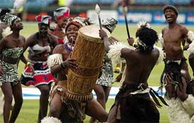 Traditional Xhosa dancers perform before the start of the match between Australia and Sri Lanka 