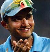 Indian captain Saurav Ganguly reacts to the crowd during the semifinal match against Kenya