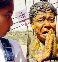 A child looks at a figure