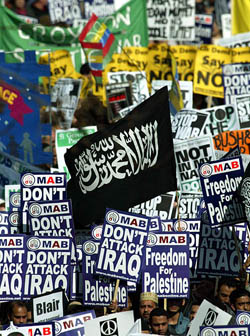 Anti-war protesters take part in a demonstration in Central London