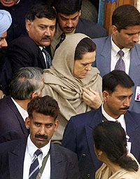 Congress President Sonia Gandhi on her arrival at Nadimarg, about 50 km south of Srinagar, on Tuesday.