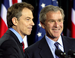 US President George W. Bush and British Prime Minister Tony Blair stand together after a joint news conference at the Camp David Presidential Retreat