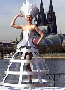 German model Alice van Dytsch poses in a cardboard gown