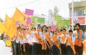 Students of BCM School take out a shobha yatra in Ludhiana on Saturday.