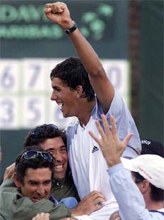 Uruguayan Martin Vilarrubi is congratulated by fans
