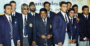 The Indian cricket team poses for photographers on their arrival at Zia International Airport in Dhaka 