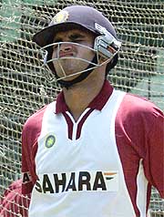 Indian captain Saurav Ganguly reacts during a practice session in Dhaka