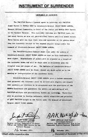 A copy of the Instrument of Surrender between General Aurora and General Niazi at the local war museum 