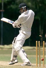 New Zealand captain Stephen Fleming is bowled by Sri Lanka's Thilina Mirando during a two-day practice match against Sri Lanka A 